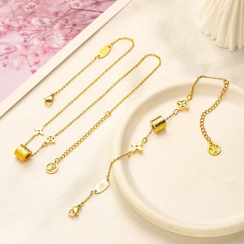 Louis Vuitton Inspired Monogram Charm Bracelet Set | Gold-Tone LV Flower & Logo Chain Bracelets