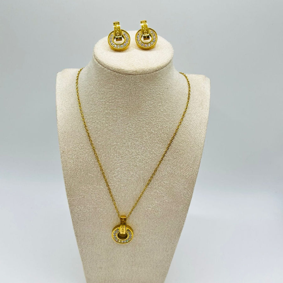 Bvlgari Inspired Circle Pendant Necklace & Earrings Set | Gold-Tone Crystal Pavé Jewellery