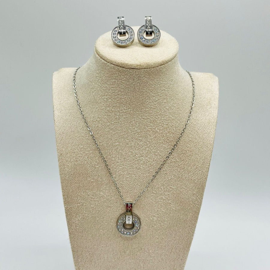 Bvlgari Inspired Circle Pendant Necklace & Earrings Set | Gold-Tone Crystal Pavé Jewellery