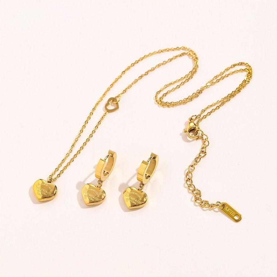 Tiffany & Co. Inspired Gold Heart Pendant Necklace & Hoop Earrings Set