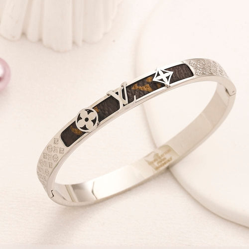Monogram Brown Leather-Texture Inlay Bangle Bracelet - Gold and Silver