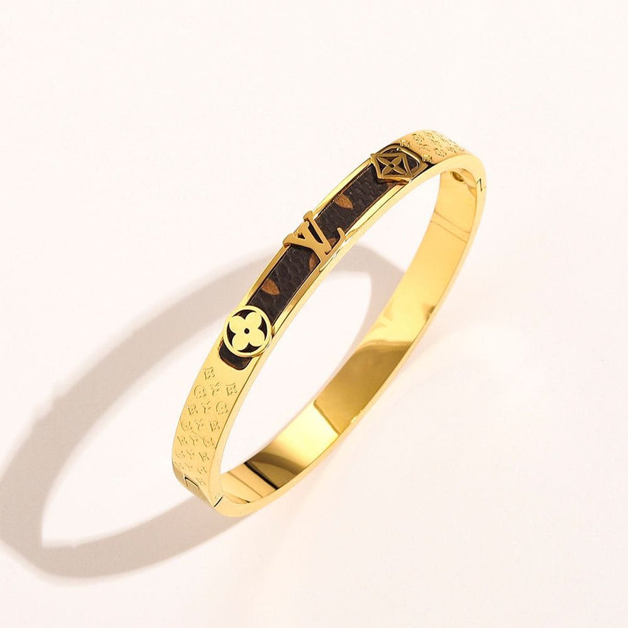 Monogram Brown Leather-Texture Inlay Bangle Bracelet - Gold and Silver