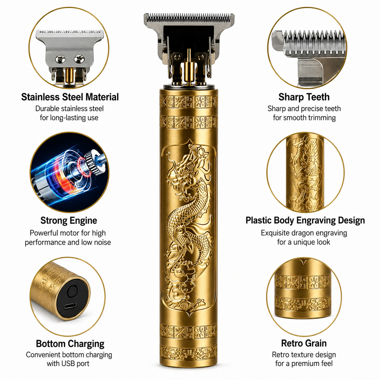Gold Dragon Usb Rechargeable Cordless Men Professional Barber Electric Haircut Razor VintageT9 Hair Trimmers - Majlismart