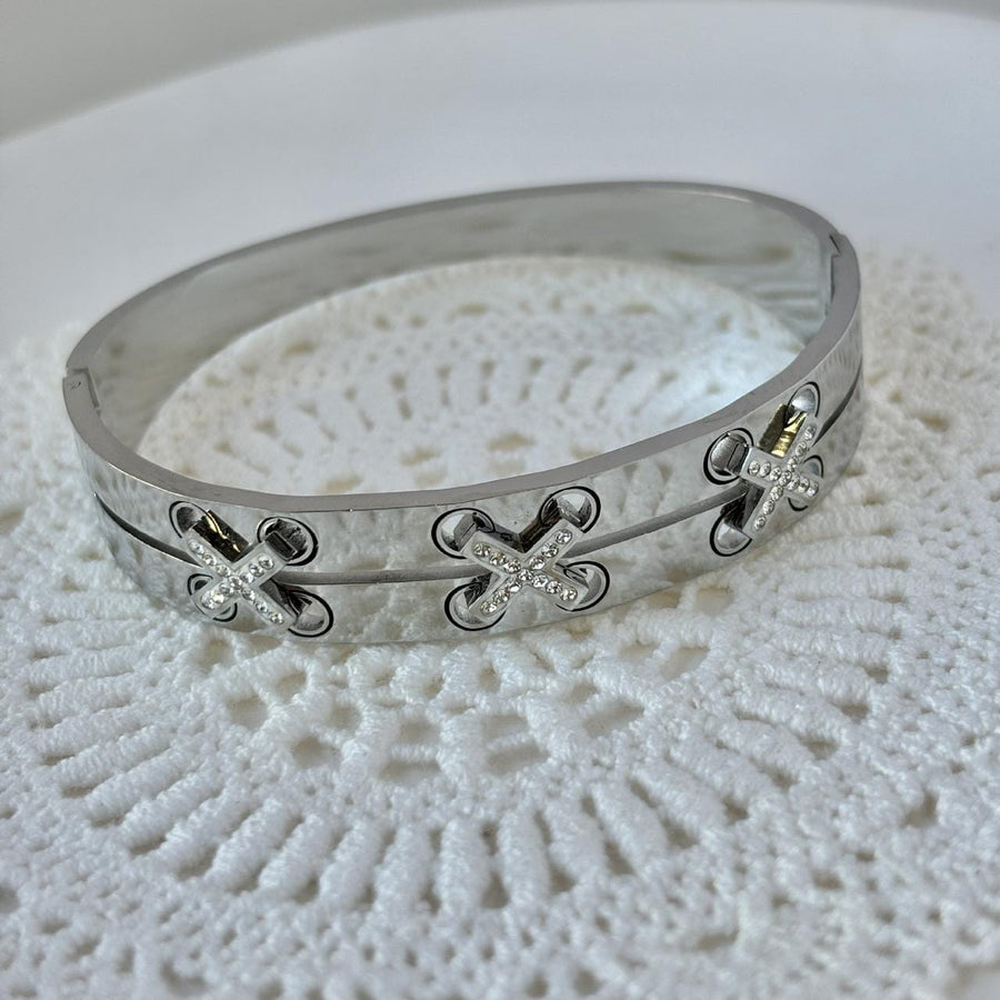 Silver Crystal Cross Stitch Hammered Bangle Bracelet