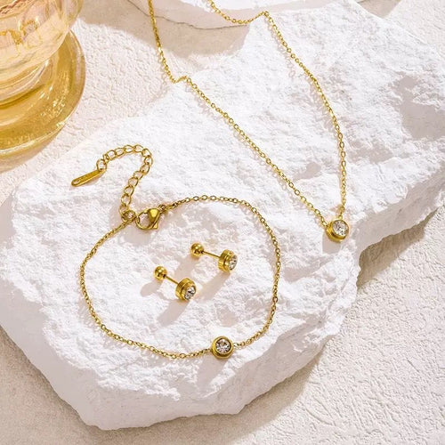 Minimalist Solitaire Crystal Jewellery Set | Gold-Tone Bezel Necklace, Bracelet & Stud Earrings