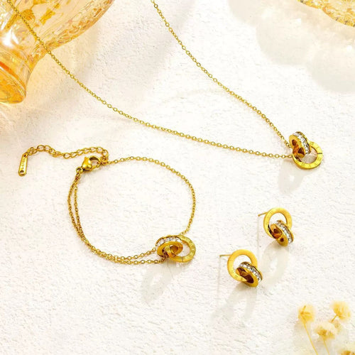 Bvlgari B.zero1 Inspired Double Ring Jewellery Set | Gold-Tone Roman Numeral Crystal Necklace, Bracelet & Earrings