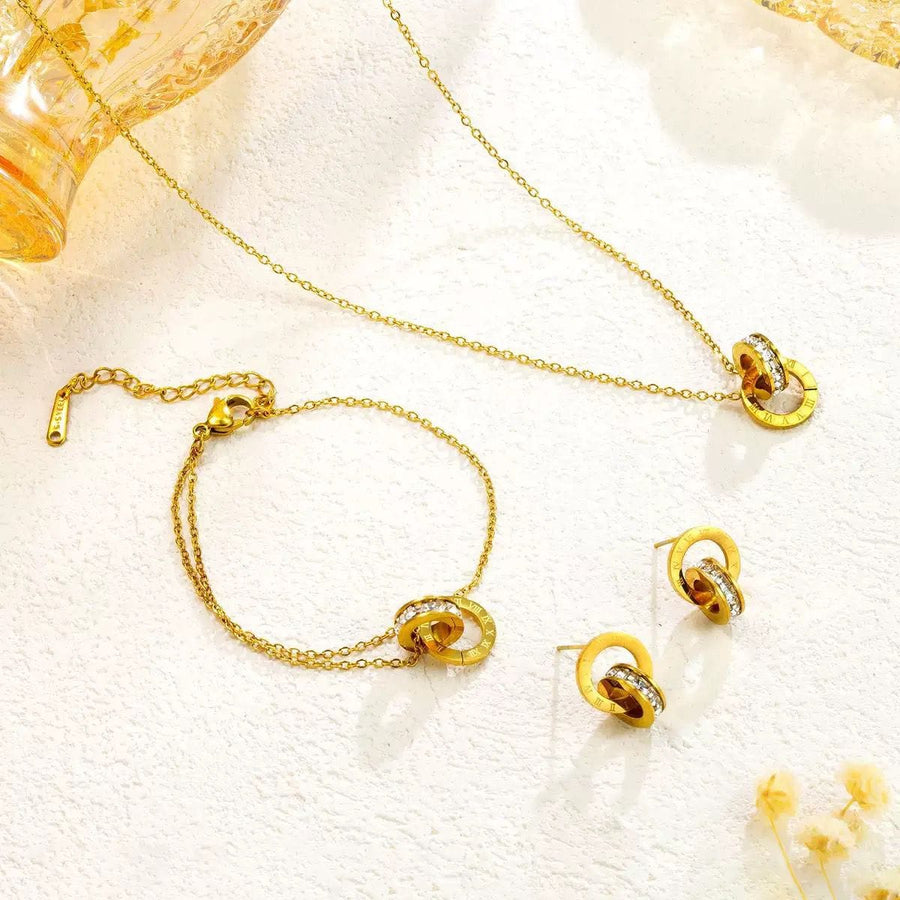 Bvlgari B.zero1 Inspired Double Ring Jewellery Set | Gold-Tone Roman Numeral Crystal Necklace, Bracelet & Earrings