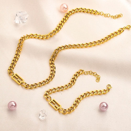 Fendi Inspired FF Cuban Chain Necklace & Bracelet Set | Gold-Tone Logo Chain Jewellery