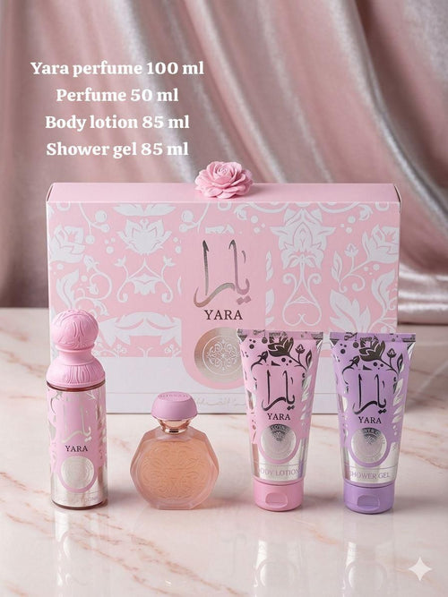 Yara by Lattafa | 4-Piece Luxury Gift Set | Perfume 100ml, 50ml, Body Lotion & Shower Gel | يارا لطافة طقم 4 قطع