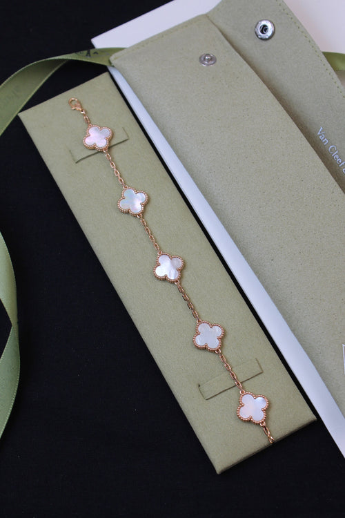 VanCleef & Arpels Vintage Alhambra Bracelet – 5 Motifs | 18K Gold Plated | Mother of Pearl