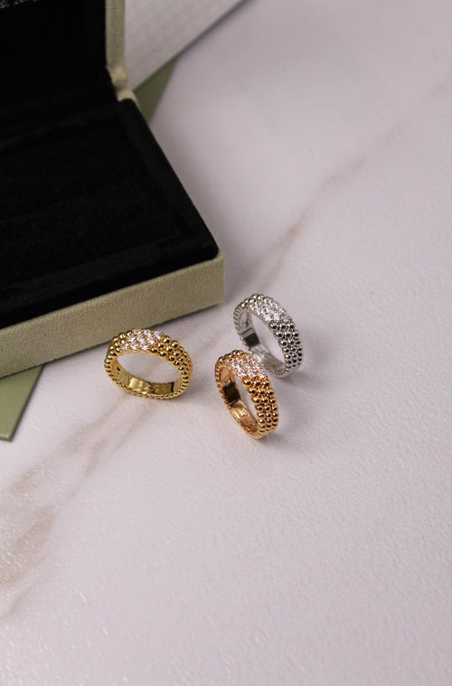 Van Cleef & Arpels Perlée Inspired 3-Row Diamond Ring | Gold, Rose Gold & Silver | Crystal Pavé Band alternate view