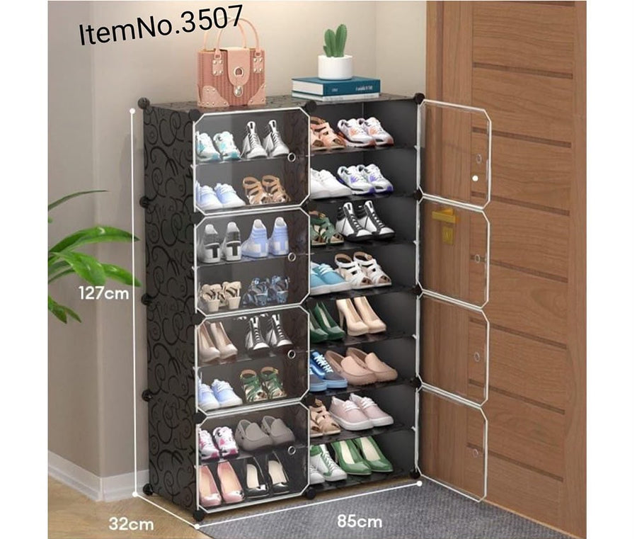 Modular Shoe Rack Cabinet 7-Tier with Clear Doors | 14-Cube Shoe Organizer | رف أحذية