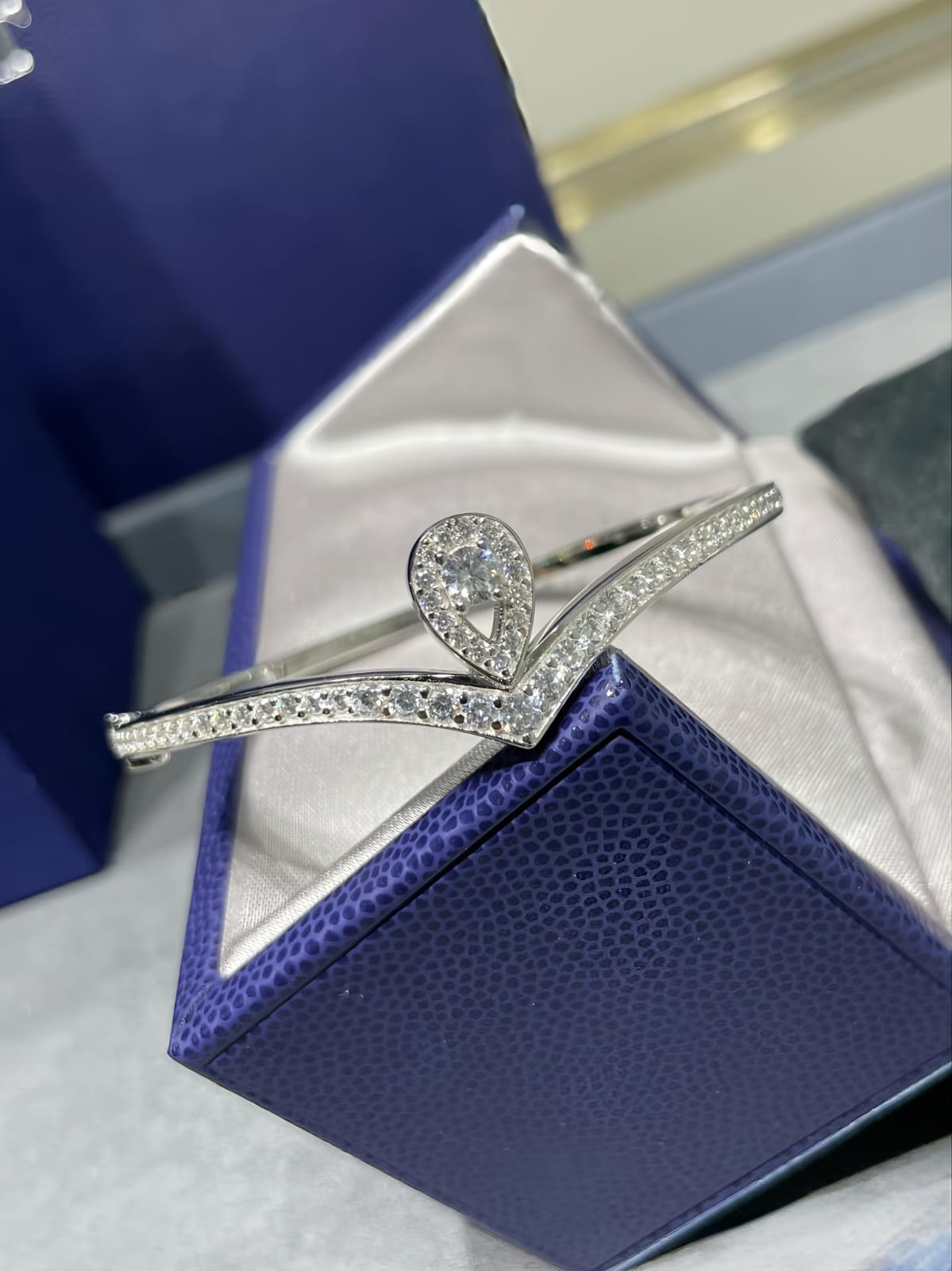 V-Shape Zircon Cuff Bangle | Teardrop Pave Stone Bracelet for Women